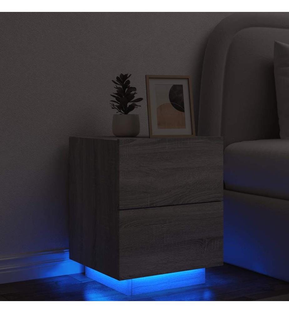 Armoire de chevet et lumières LED sonoma gris bois d'ingénierie