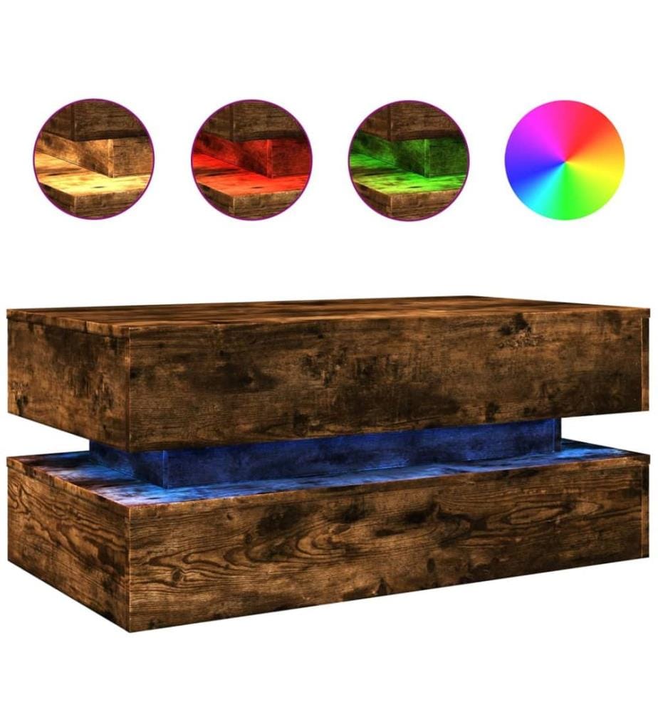 Table basse avec lumières LED chêne fumé 90x50x40 cm