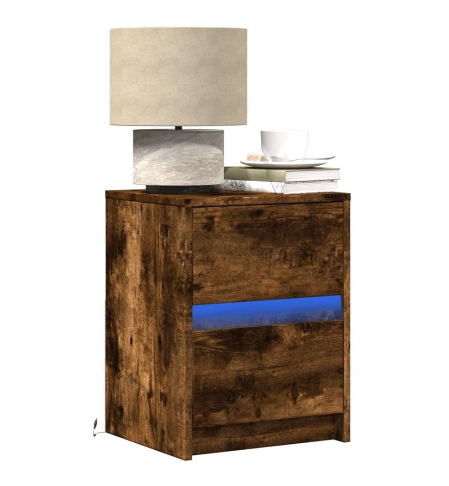 Armoire de chevet et lumières LED chêne fumé bois d'ingénierie
