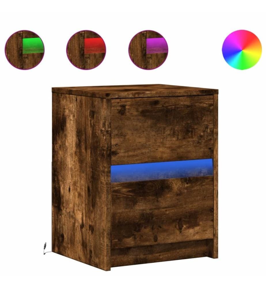 Armoire de chevet et lumières LED chêne fumé bois d'ingénierie