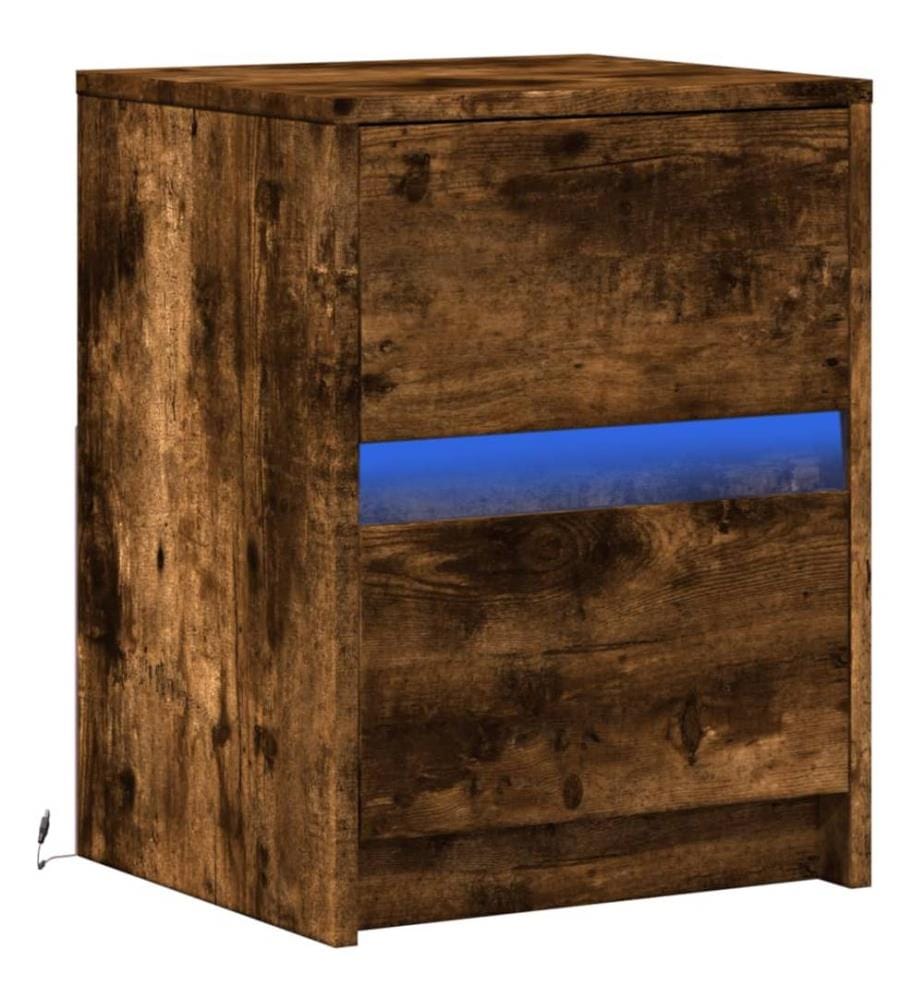 Armoire de chevet et lumières LED chêne fumé bois d'ingénierie