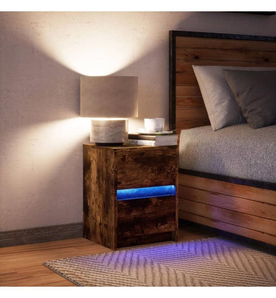 Armoire de chevet et lumières LED chêne fumé bois d'ingénierie