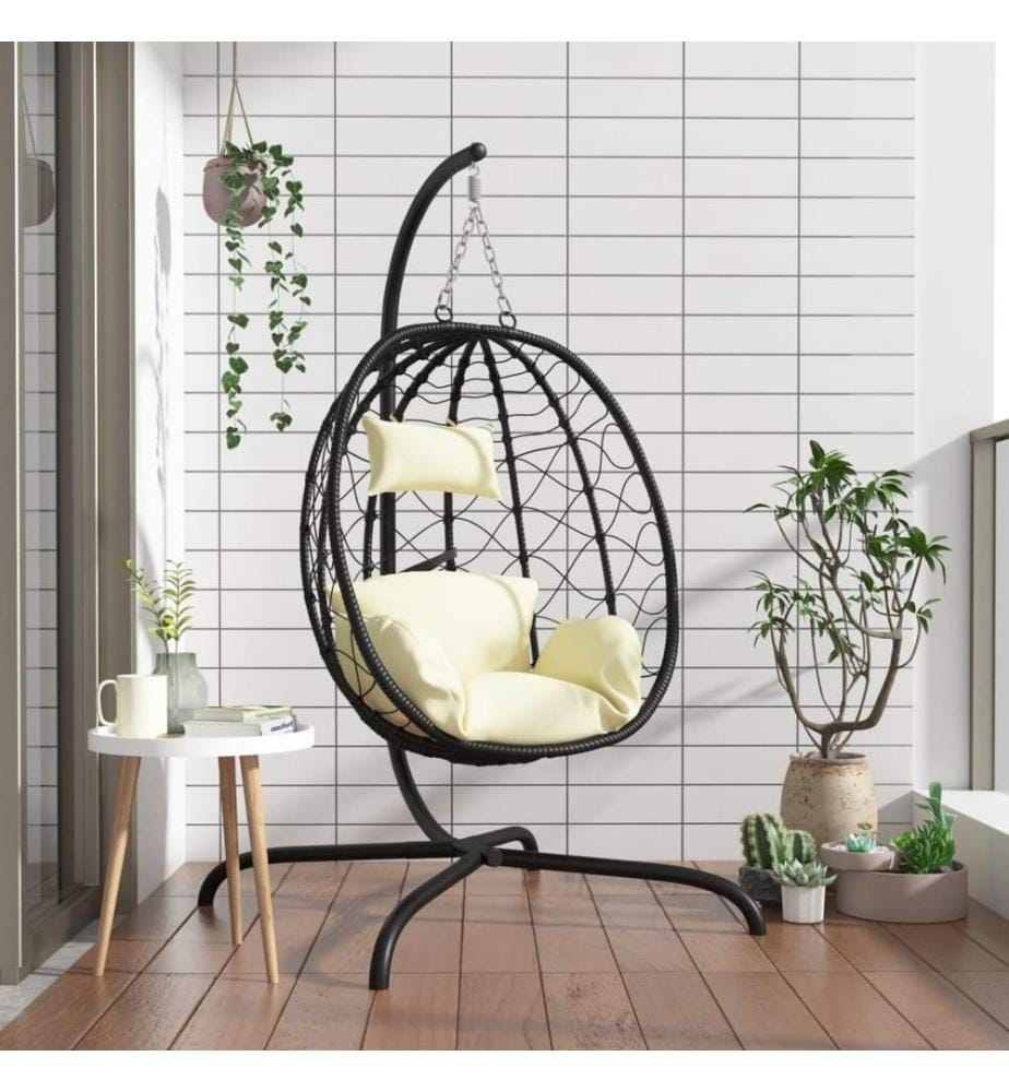 Hängesessel mit Kissen Cremeweiss Poly Rattan & Stahl