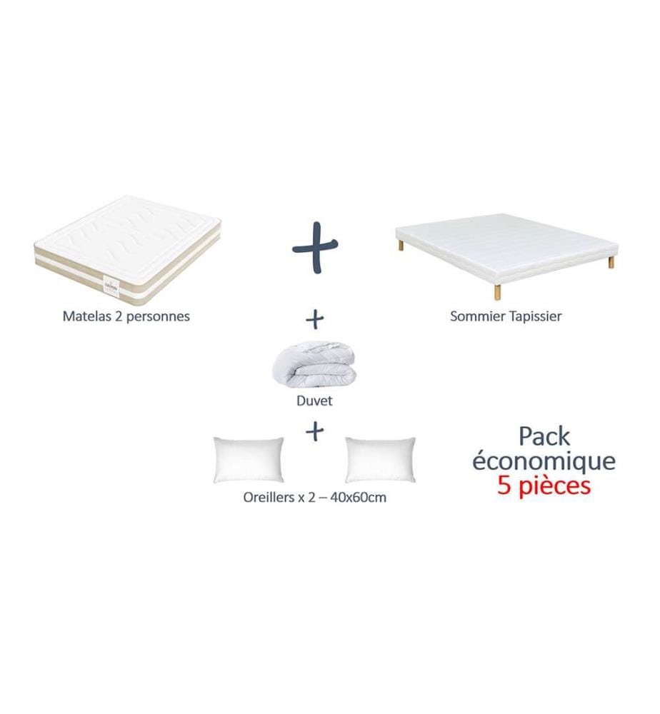 Pack Gamma Matratze + Einlegerahmen 160 x 200 + 2 Kopfkissen 60 x 40 + 1 Duvet 220 x 240 cm - Höhe 30 cm