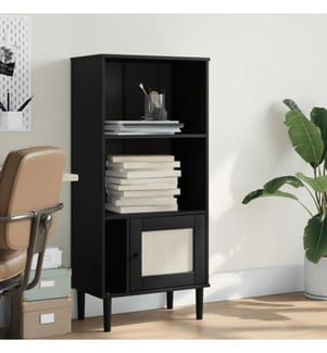 Bücherschrank SENJA Rattan-Look Schwarz 60x35x130cm Kiefernholz