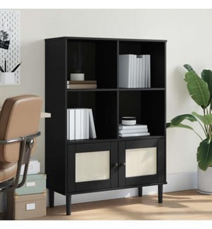 Bücherschrank SENJA Rattan-Look Schwarz 90x35x130cm Kiefernholz