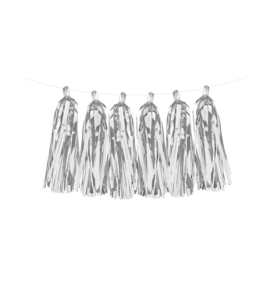 PARTYDECO - Girlande Quasten 1.5 m, Silber, 12 Pompons