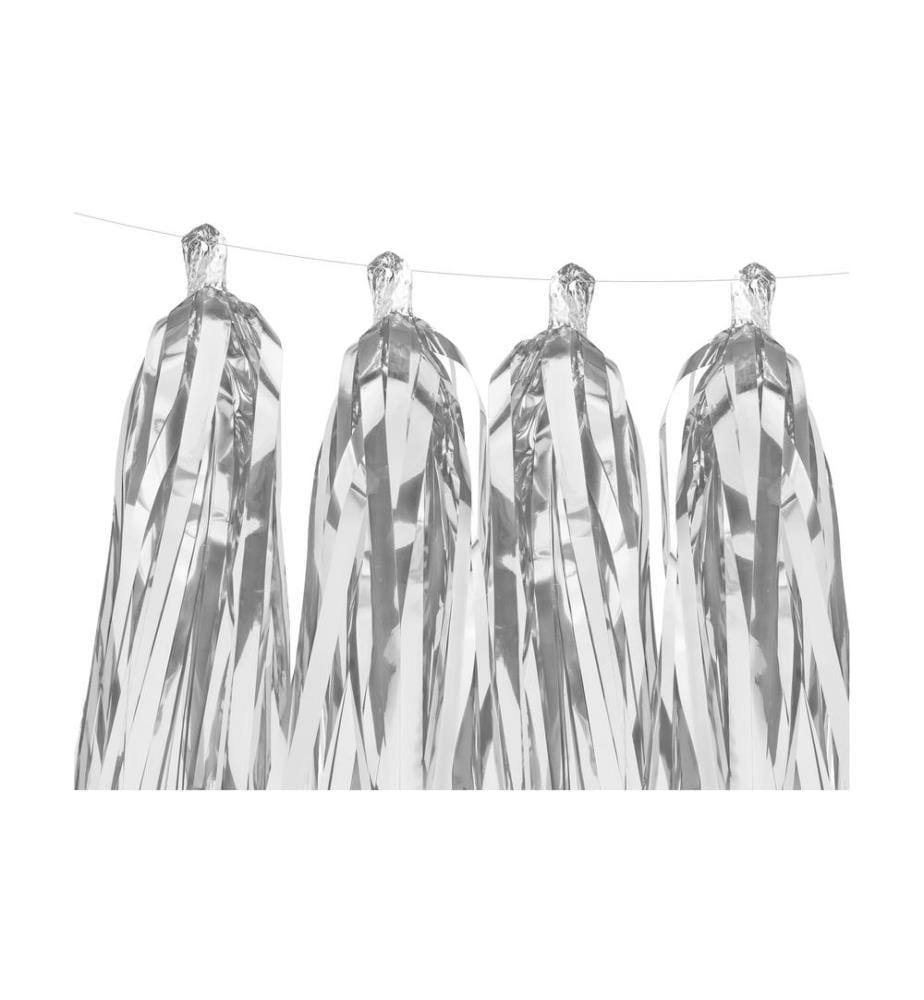 PARTYDECO - Girlande Quasten 1.5 m, Silber, 12 Pompons