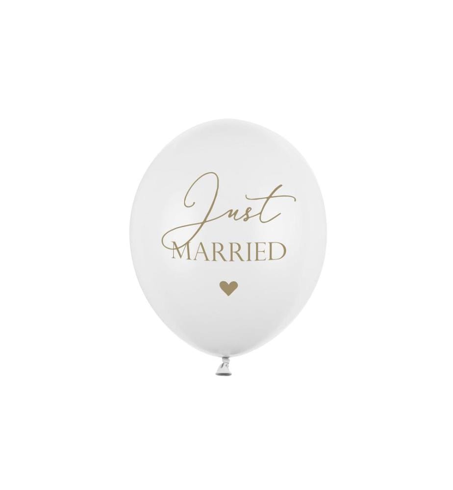 PARTYDECO - Luftballon Just Married Weiss/Gold Ø 30 cm, 6 Stück