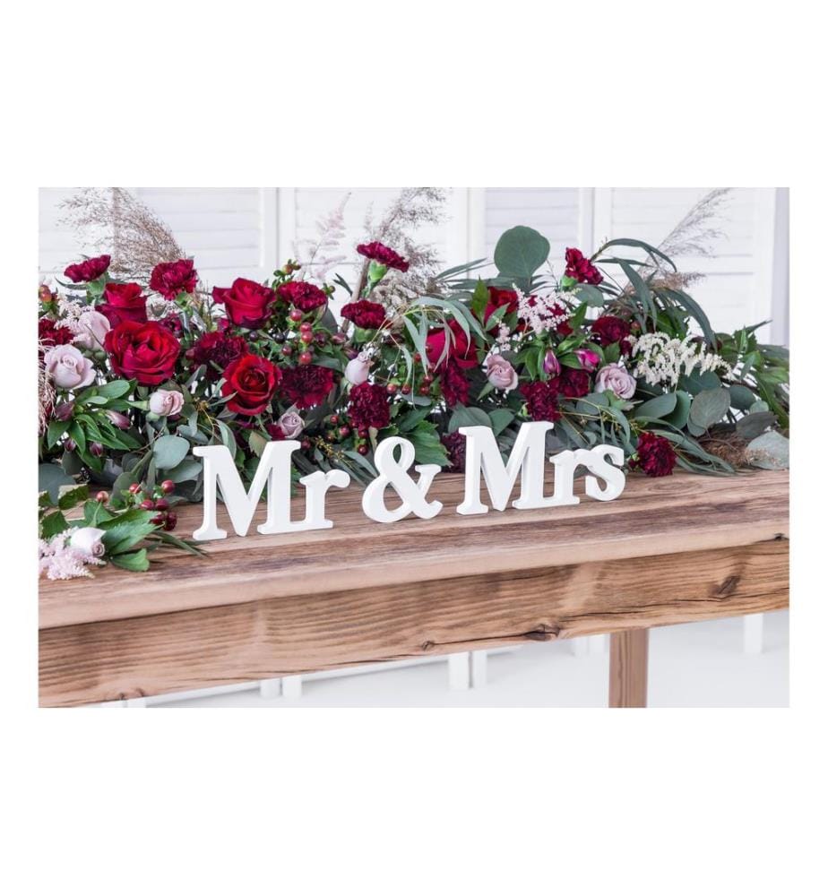 PARTYDECO - Hochzeitsaccessoire Holzschrift Mr & Mrs 50 x 9.5 cm, Weiss