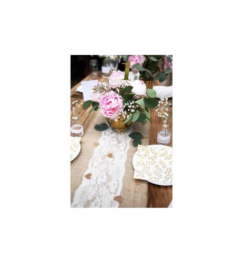 PARTYDECO - Chemin de table Jute avec dentelle 28 cm x 2.75 m, 1 pièce, Brun