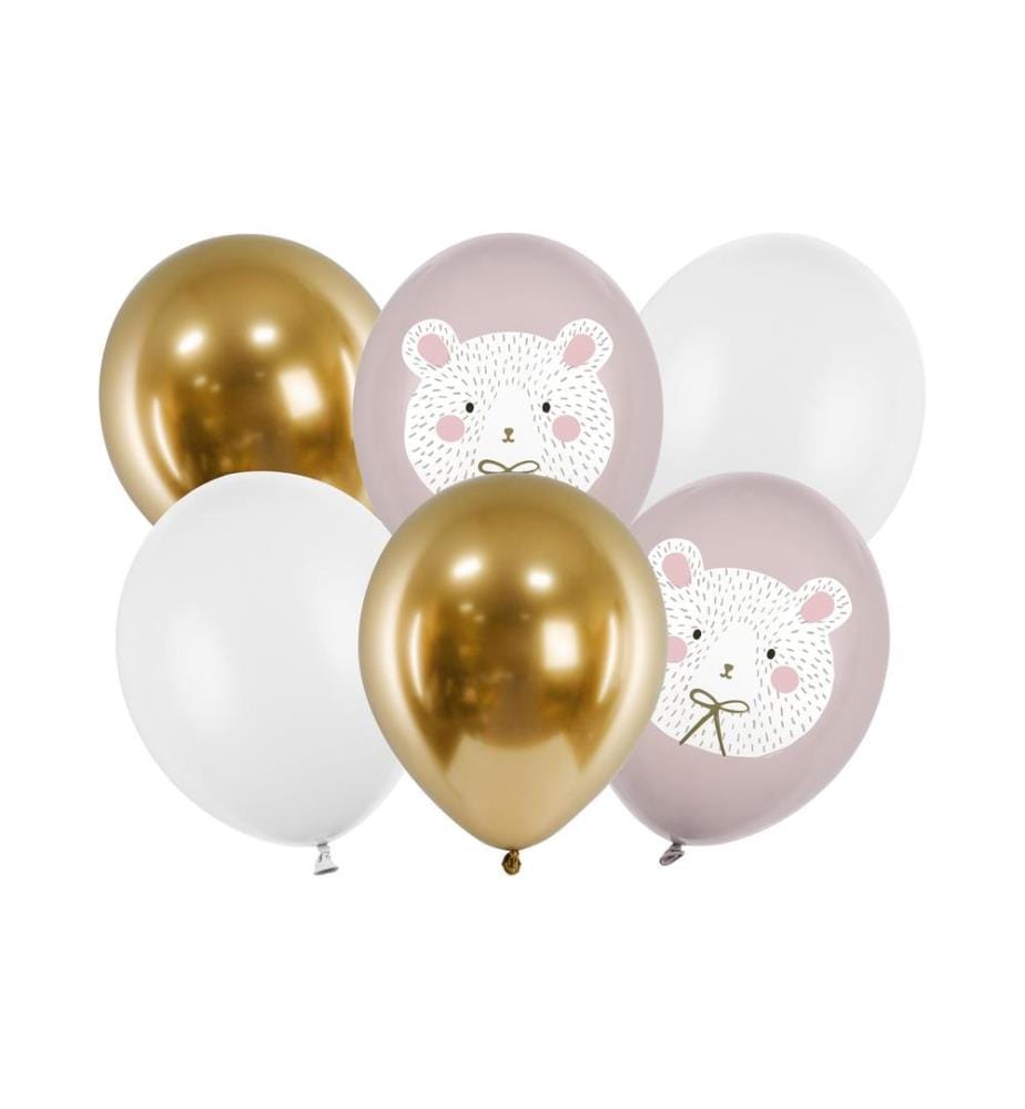PARTYDECO - Luftballon Eisbär Gold/Rosa/Weiss, Ø 30 cm, 6 Stück
