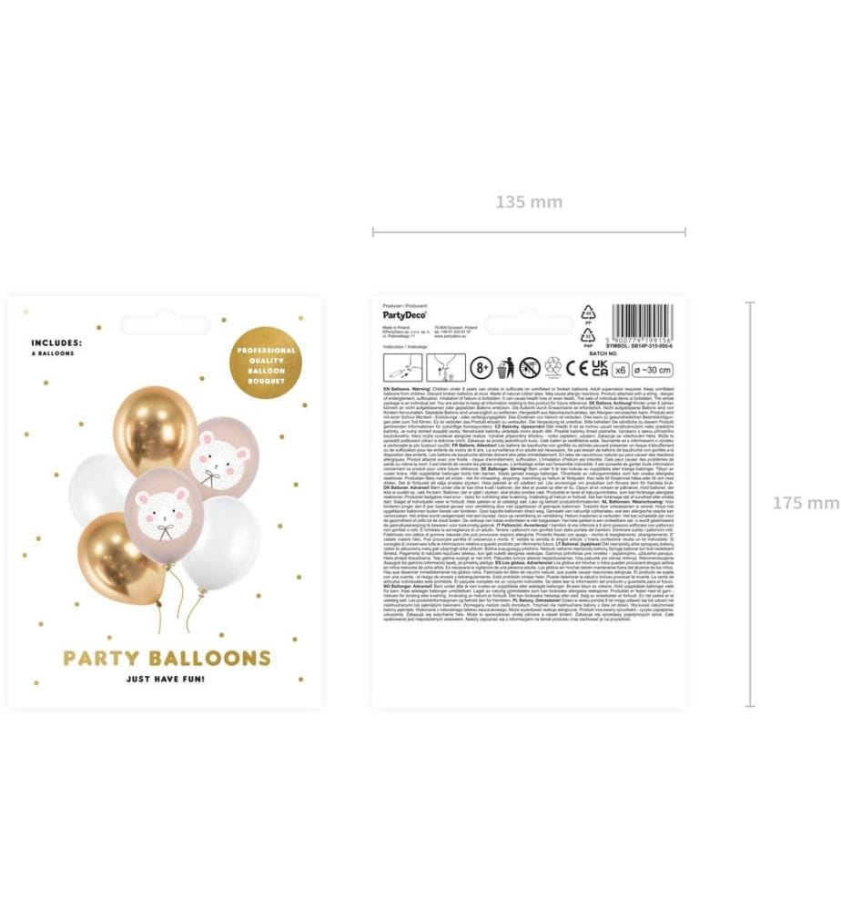 PARTYDECO - Luftballon Eisbär Gold/Rosa/Weiss, Ø 30 cm, 6 Stück