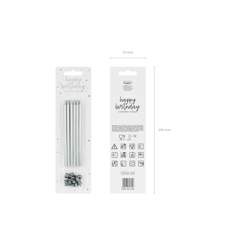 PARTYDECO - Bougie 12.5 cm, 12 pièces, argent