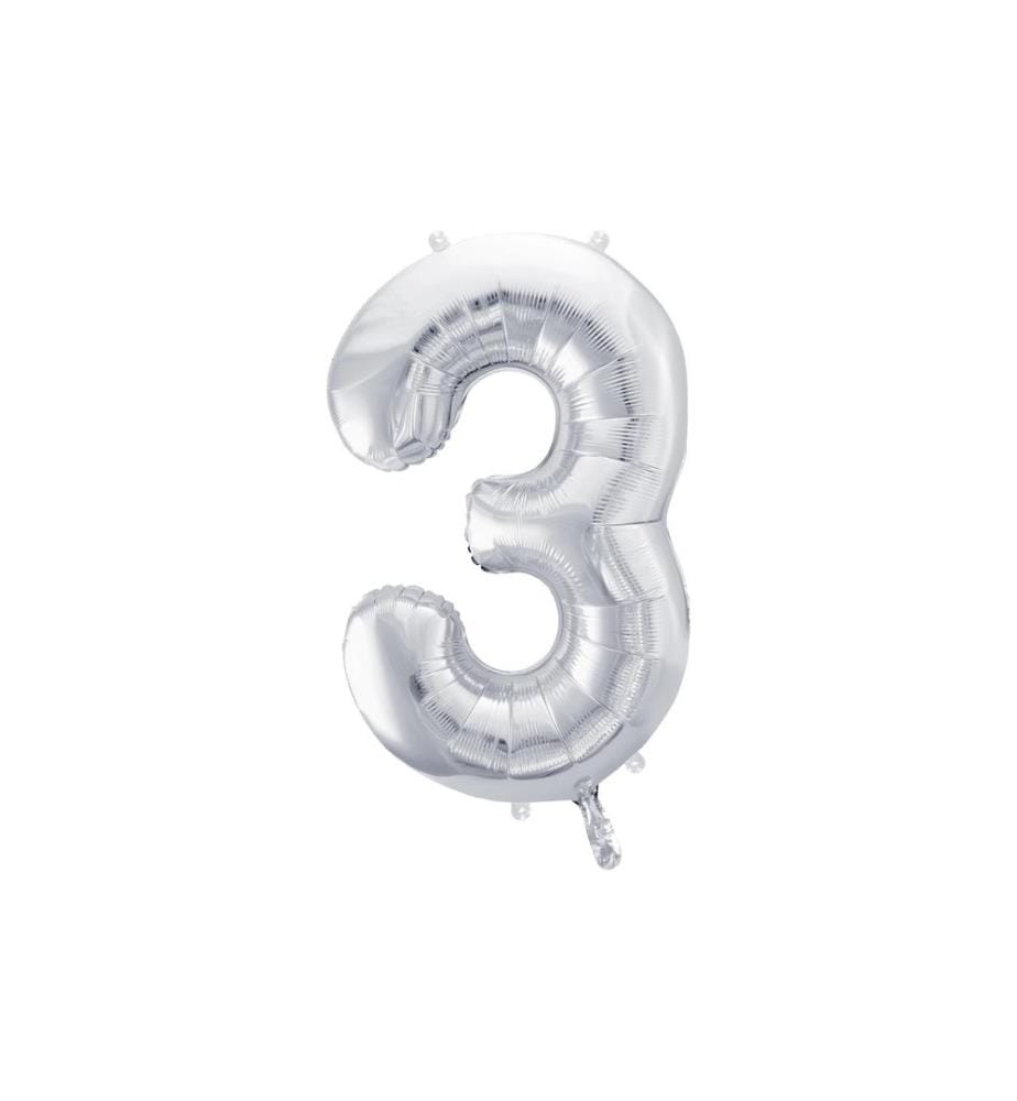 PARTYDECO - Folienballon Zahl 3 gross 86 cm, silber, 1 Stück