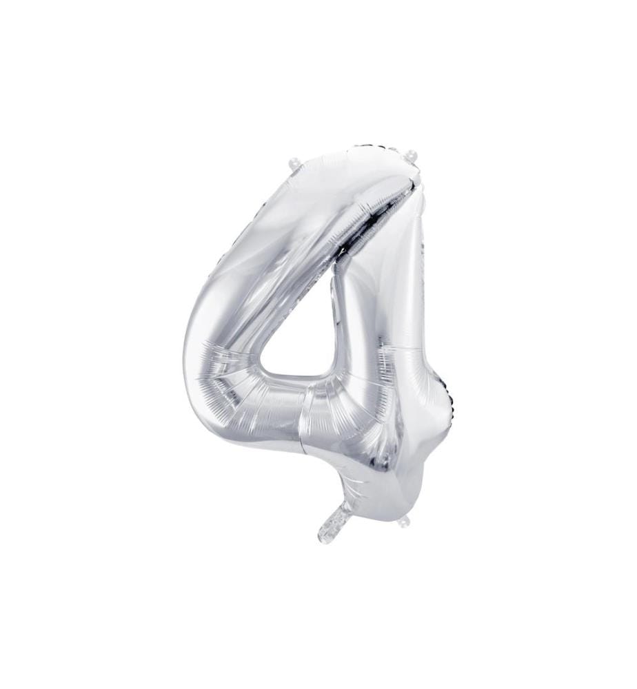PARTYDECO - Folienballon Zahl 4 gross 86 cm, silber, 1 Stück