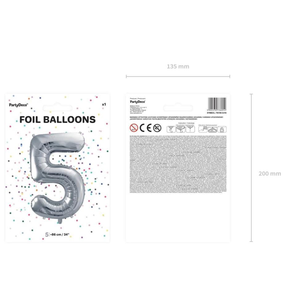 PARTYDECO - Folienballon Zahl 5 gross 86 cm, silber, 1 Stück