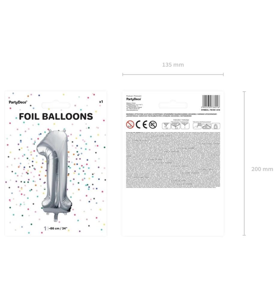 PARTYDECO - Ballon en aluminium Chiffre 1 grand 86 cm, argent, 1 pièce