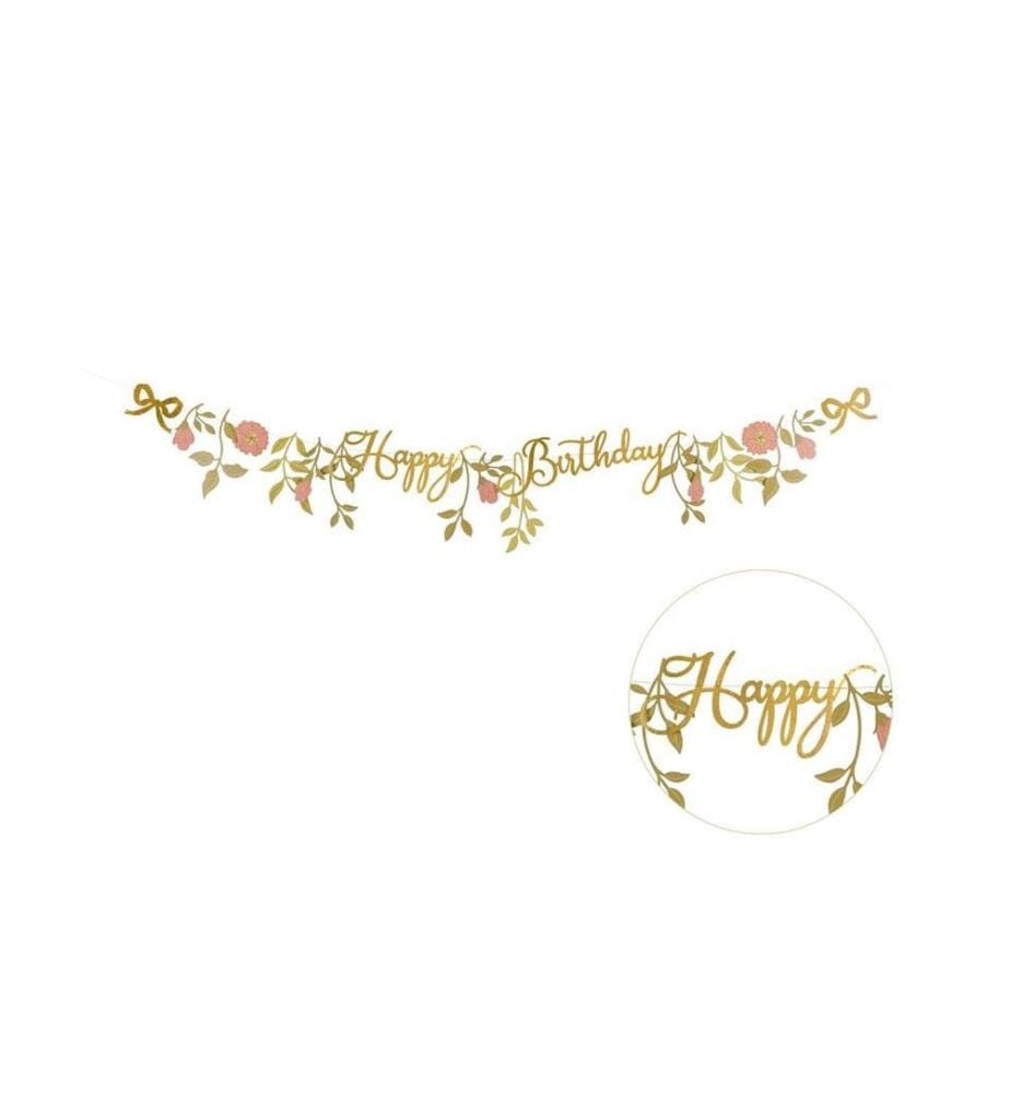 PARTYDECO - Girlande Happy Birthday Blumen, Rosa/Gold, 1.3 m