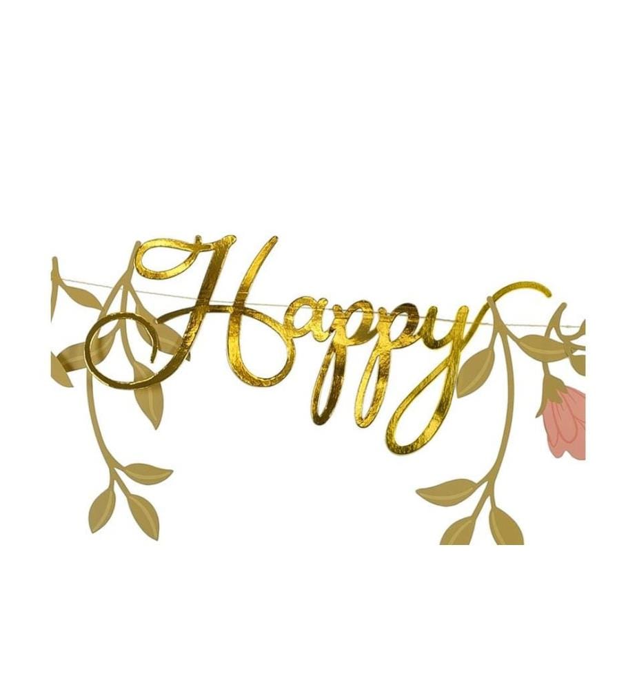 PARTYDECO - Girlande Happy Birthday Blumen, Rosa/Gold, 1.3 m