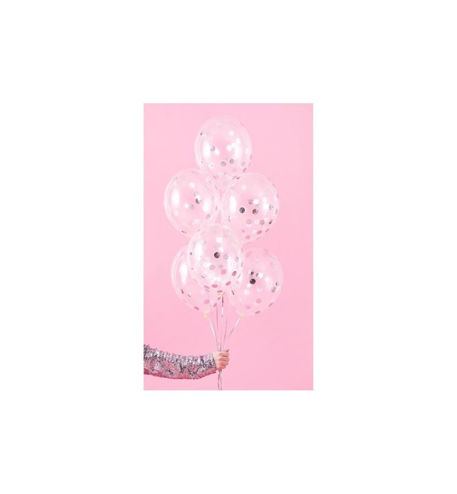 PARTYDECO - Ballon de baudruche confettis rond Ø 30 cm, transparent/argenté