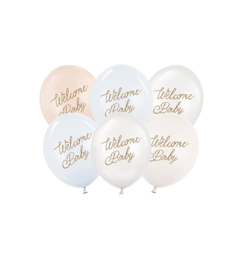 PARTYDECO - Luftballon Welcome Baby, Weiss / Hellblau, 30 cm, 6 Stück