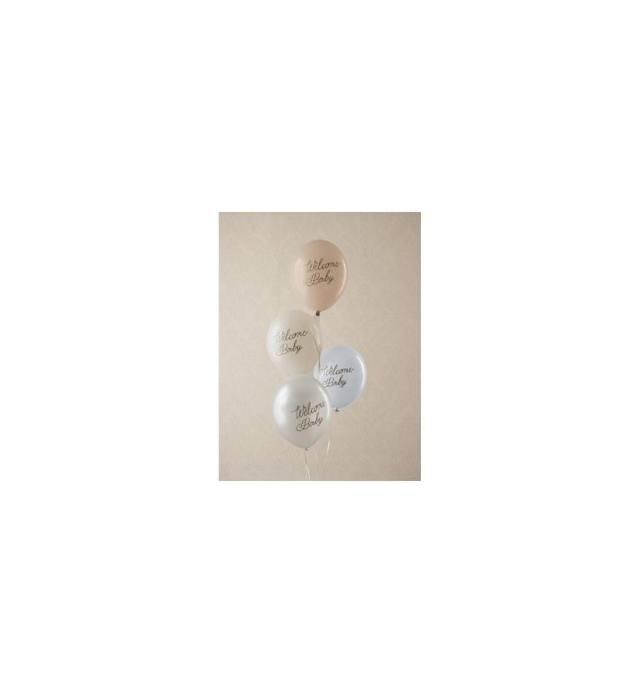 PARTYDECO - Luftballon Welcome Baby, Weiss / Hellblau, 30 cm, 6 Stück