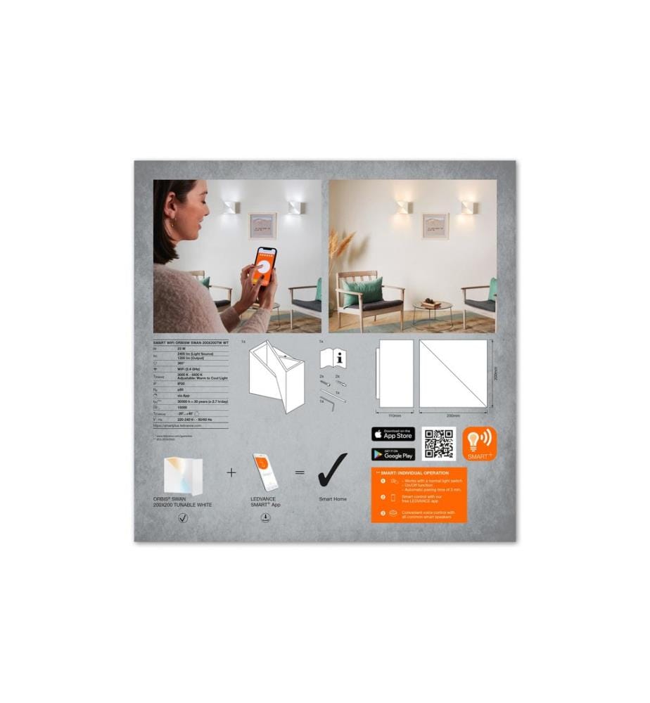 LEDVANCE - Lampe murale SMART  Orbis Wall Swan, 20 x 20 cm, 23W, blanc