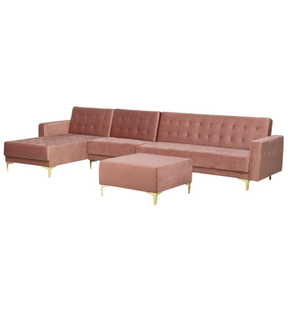 Sofa Rosa Samtstoff L-Förmig Rechtsseitig Schlaffunktion Klassisch Ottomane Wohnzimmer