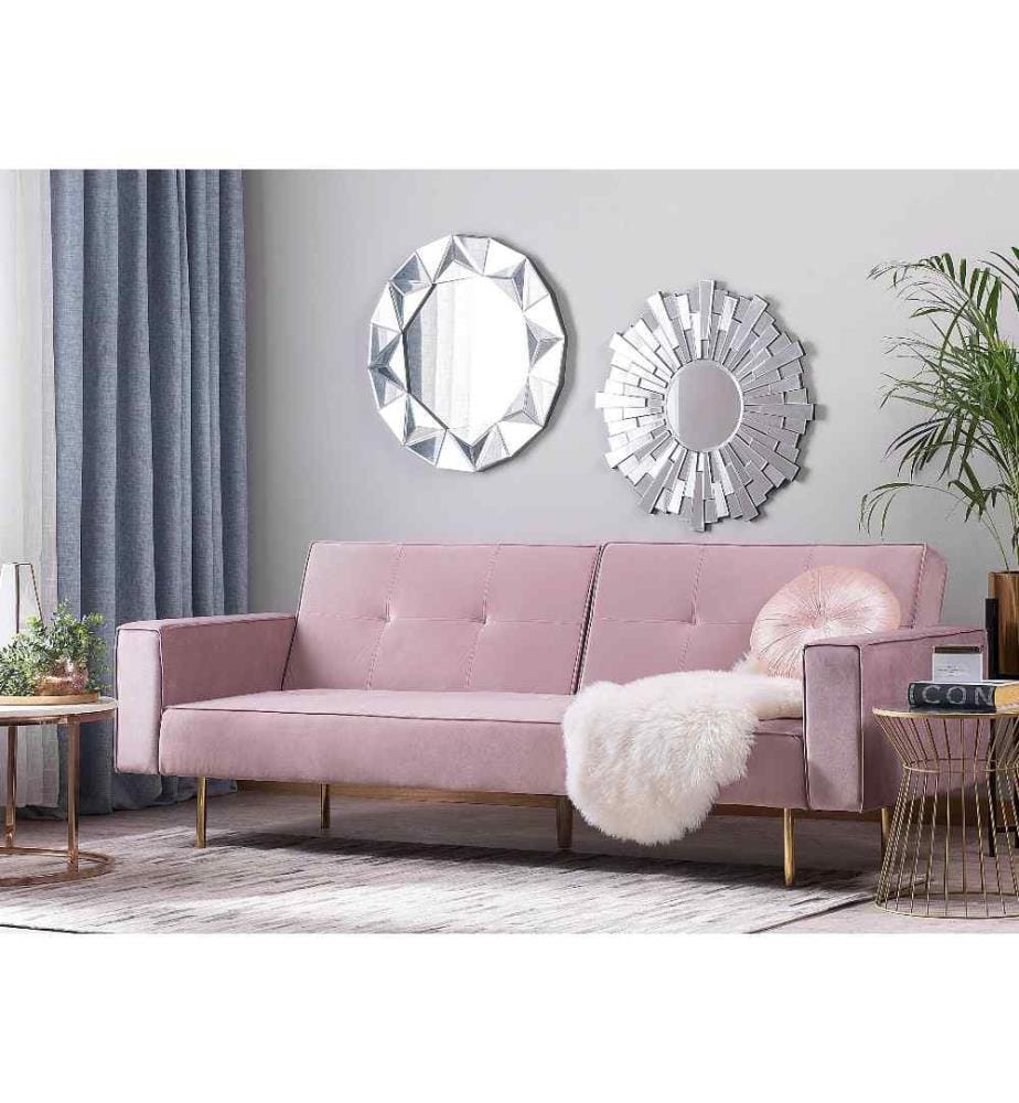 Sofa Rosa Samtstoff 3-Sitzer Schlaffunktion Modern Wohnzimmer
