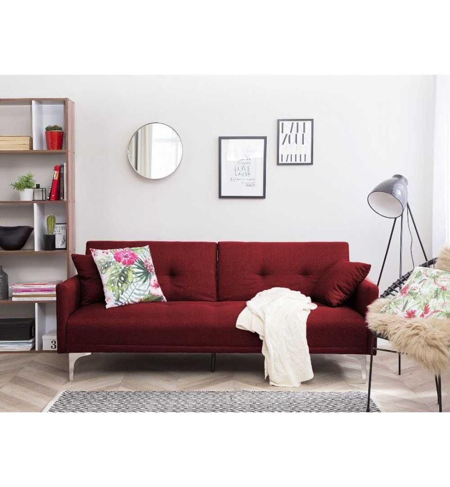 Sofa Rot Polsterbezug 3-Sitzer Schlaffunktion Modern Zierkissen Wohnzimmer