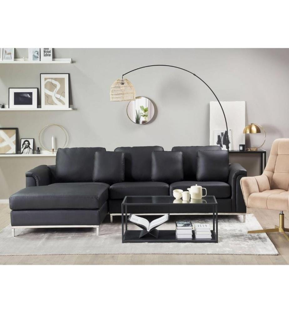Corner Sofa 5 Seater OSLO Leather Black with Ottoman Right Hand