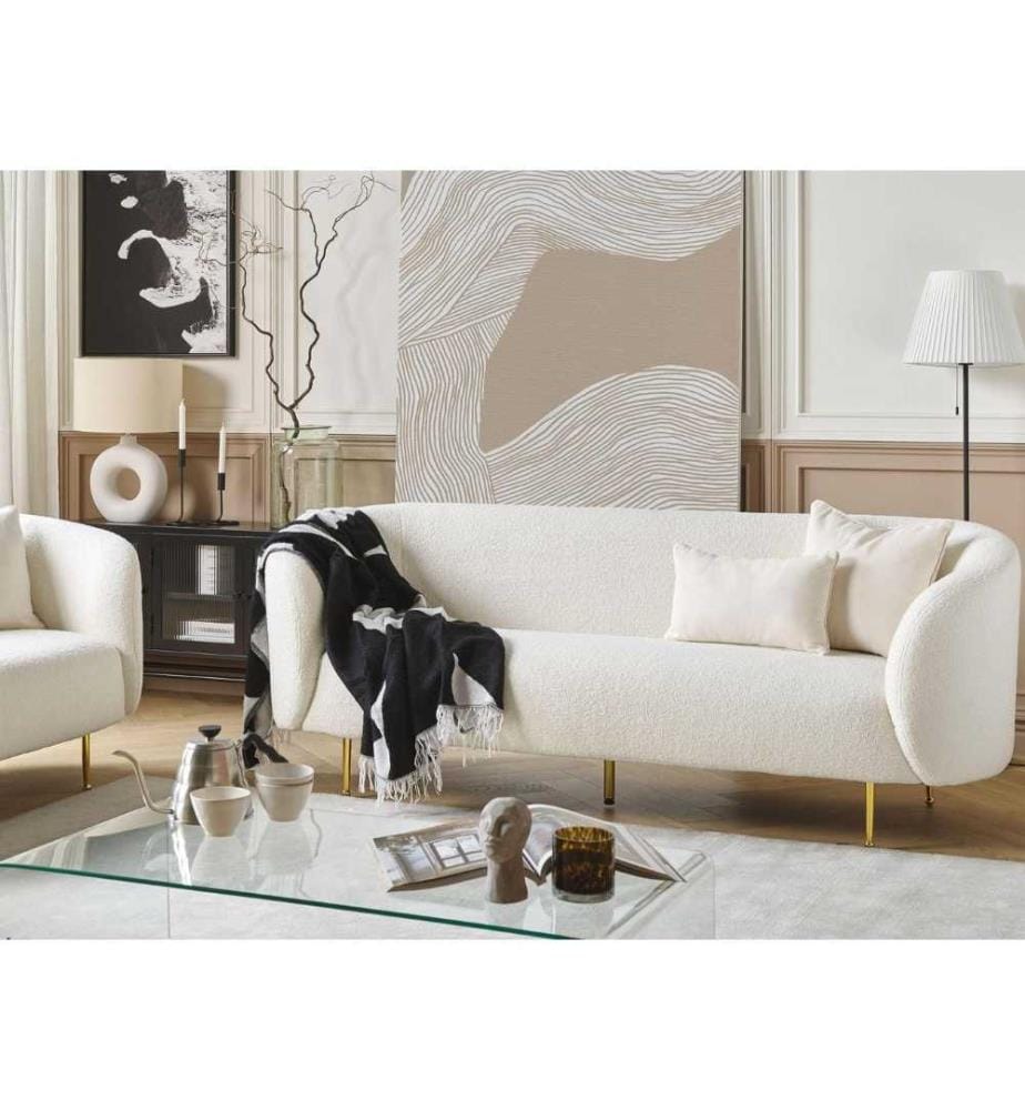 Sofa Weiss Bouclé Polsterbezug mit Armlehnen Metallgestell in Gold Glamouröser Edler Stil Wohnzimmer Salon Esszimmer Flur