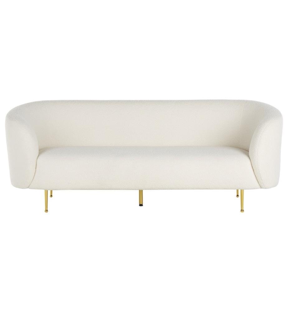 Sofa Weiss Bouclé Polsterbezug mit Armlehnen Metallgestell in Gold Glamouröser Edler Stil Wohnzimmer Salon Esszimmer Flur