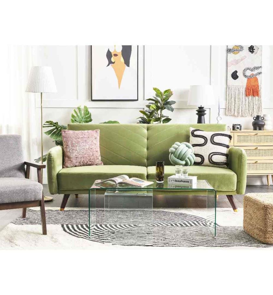 Canapé Convertible 3 Places en Velours Vert Olive Rembourré avec Espace de Couchage Confortable Idéal pour Salon Rétro Glamour