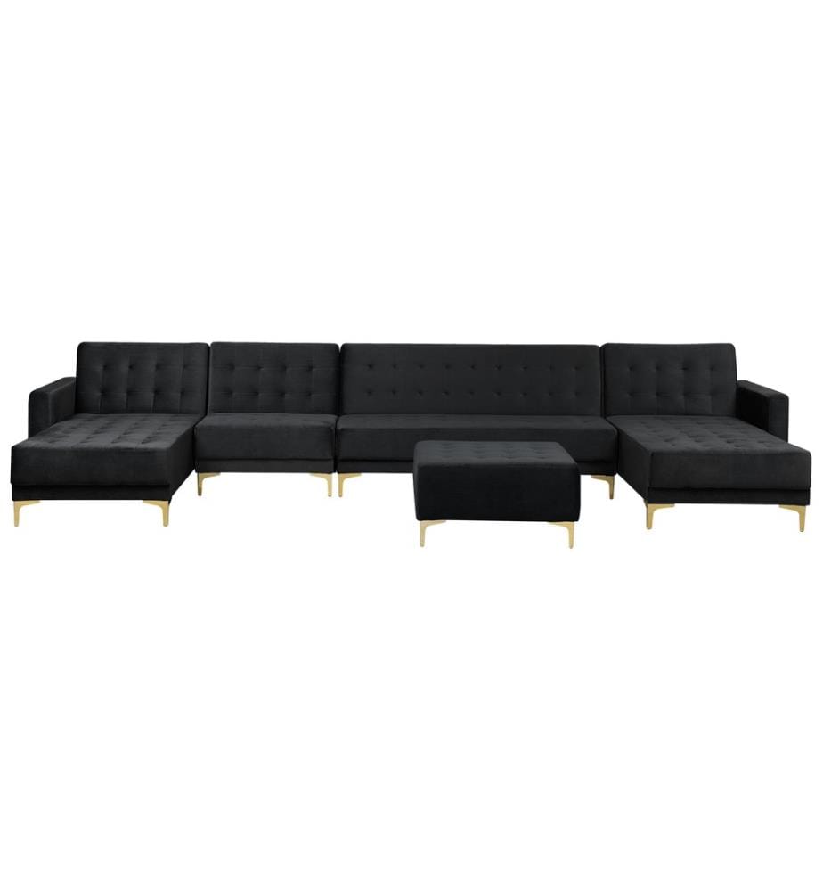 Divano letto ad angolo in tessuto trapuntato in velluto nero moderno a forma di U modulare a 6 posti con chaise longue ottomane