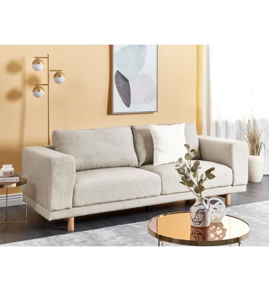 Sofa Hellbeige Stoffbezug 220 cm Lang 3-Sitzer mit Holzbeinen Breite Armlehnen Skandinavisch Modern Wohnzimmer Ausstattung Sitzmöbel