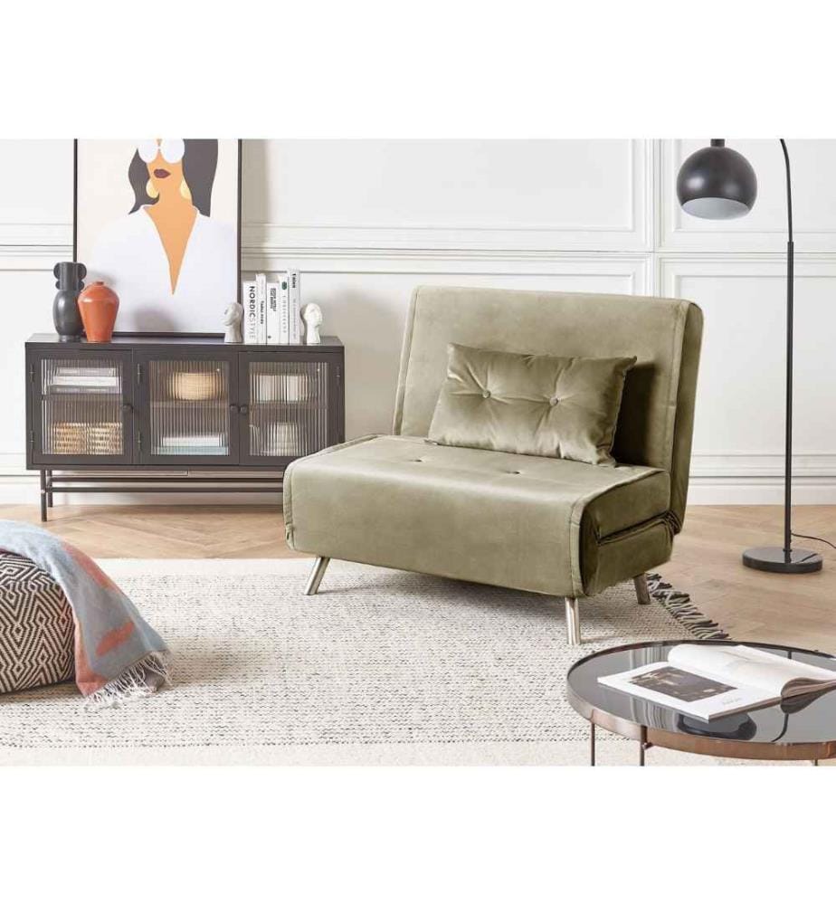 Sofa Olivgrün Samtstoff mit Schlaffunktion 1 Dekokissen Silberne Edelstahlbeine Schlafsofa Gästebett Modern Wohnzimmer Ausstattung Möbel