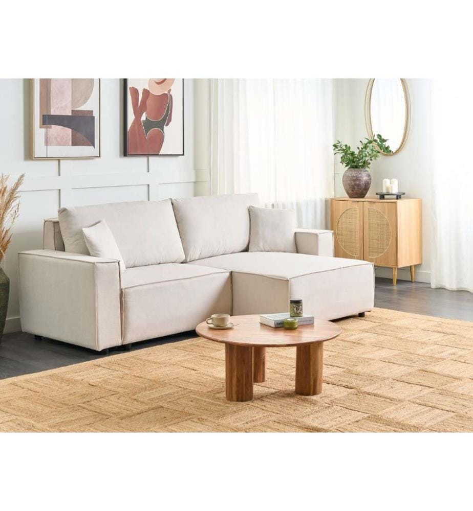 Schlafsofa 3-Sitzer KARILA Stoff Hellbeige mit Stauraum linksseitig