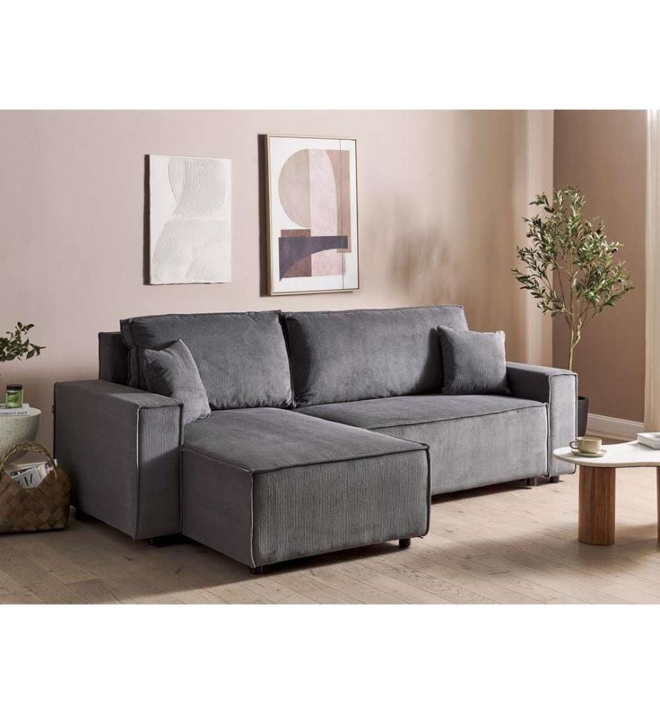 2-Sitzer Ecksofa Graphitgrau Stoffbezug Cord mit Chaiselongue Rechts Schlaffunktion Dekokissen L-Form Modern Schlafsofa Wohnzimmer Sitzmöbel