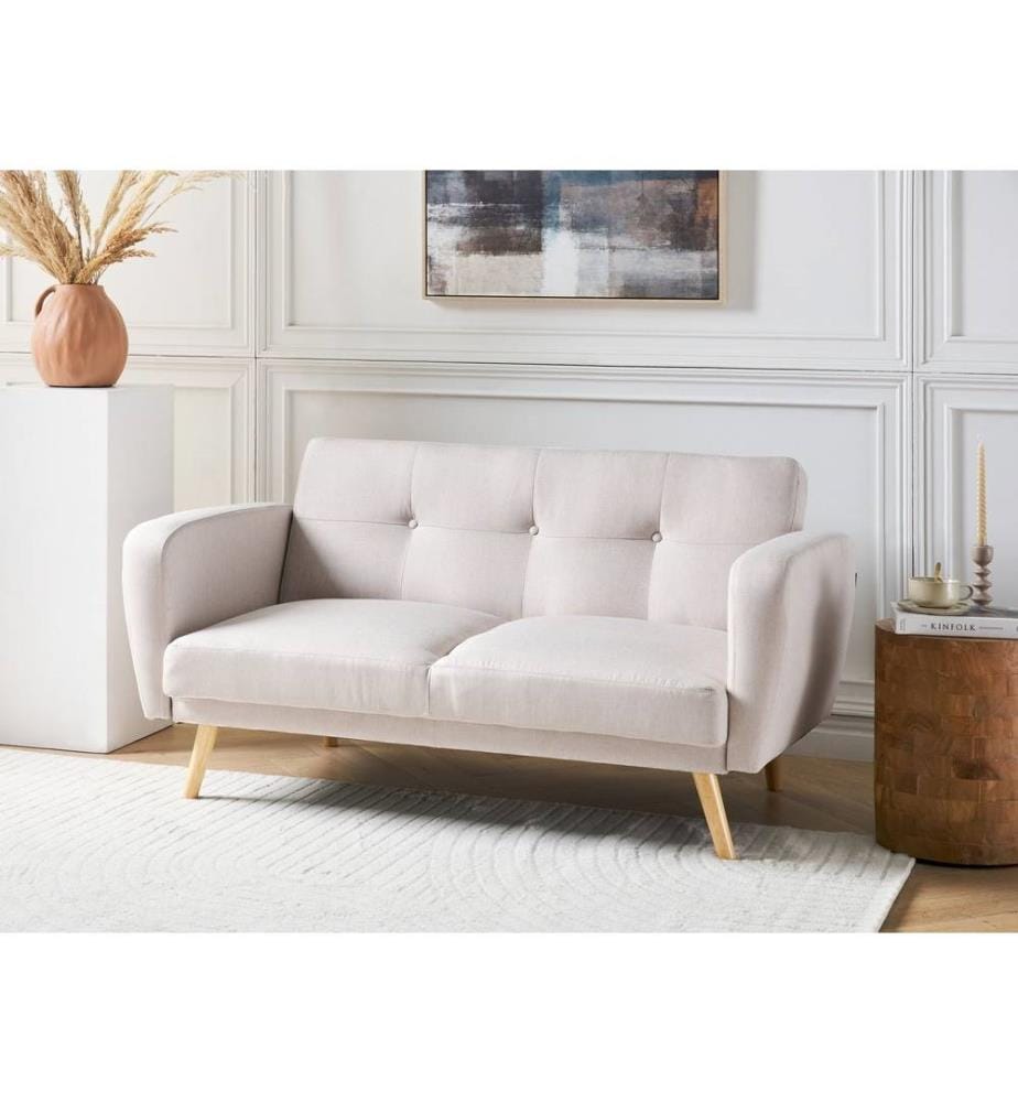 2-Sitzer Sofa Hellbeige Stoffbezug mit Holzbeinen Schlaffunktion Verstellbar Rechteckig Skandinavisch Modern Wohnzimmer Ausstattung Schlafsofa