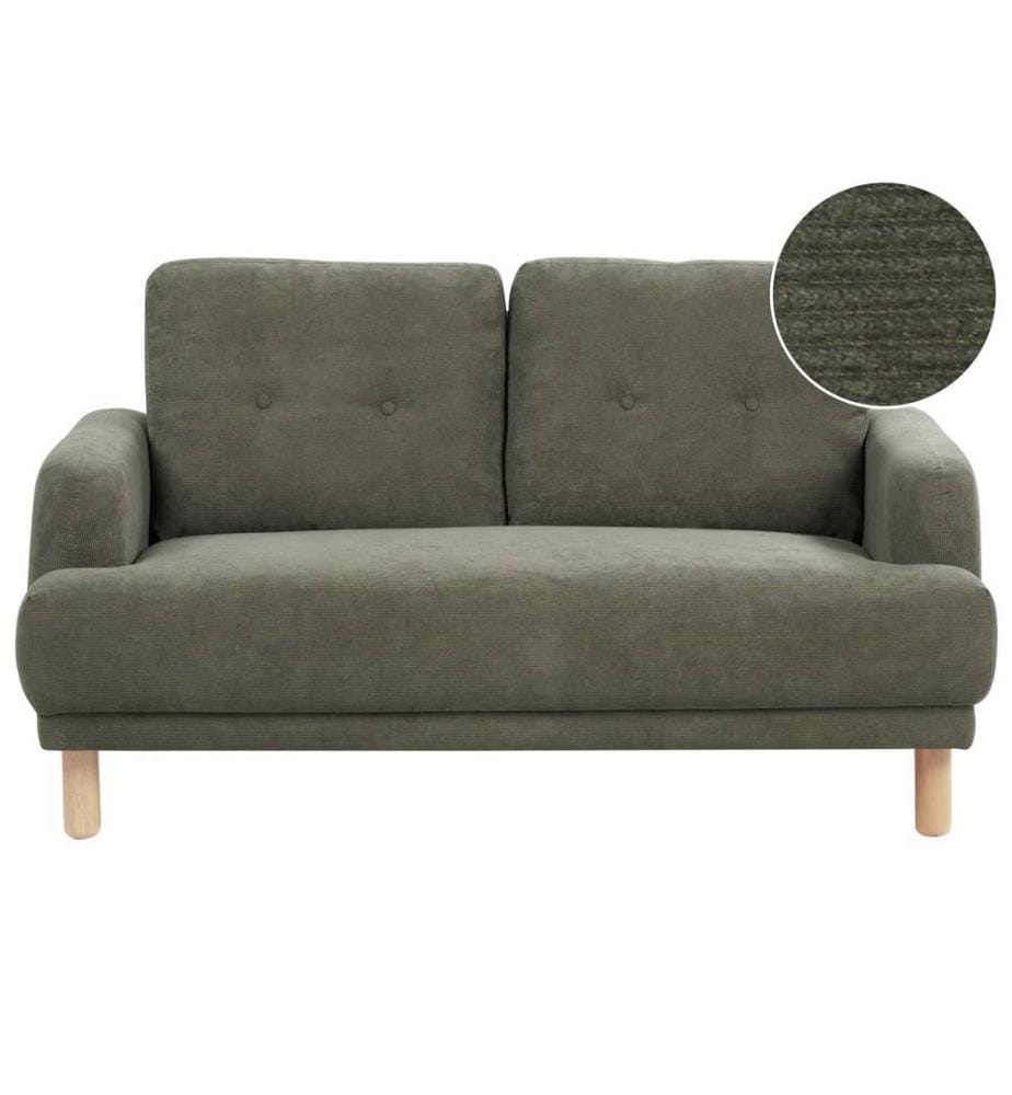 2-Sitzer Sofa Dunkelgrün Cord mit Hohen Holzbeinen Armlehnen Knopfheftung Skandinavisch Retro Modern Wohnzimmer Ausstattung