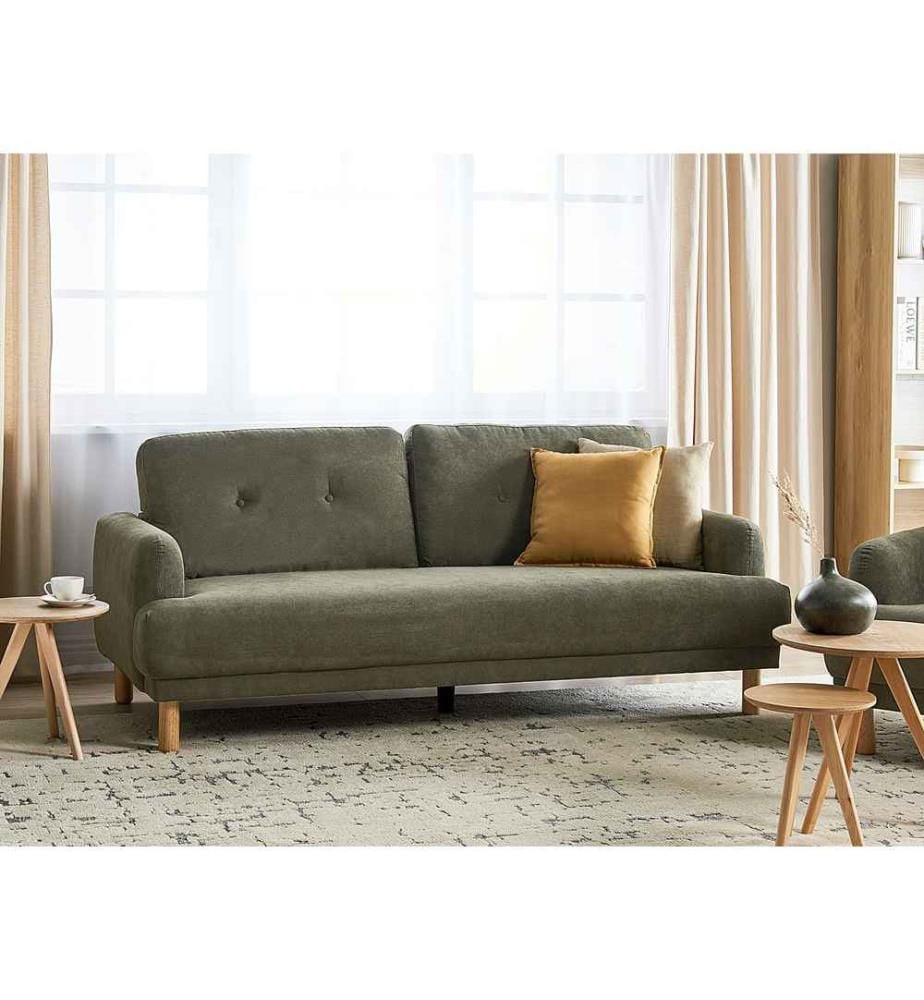 3-Sitzer Sofa Dunkelgrün Cord mit Hohen Holzbeinen Armlehnen Knopfheftung Skandinavisch Retro Modern Wohnzimmer Ausstattung