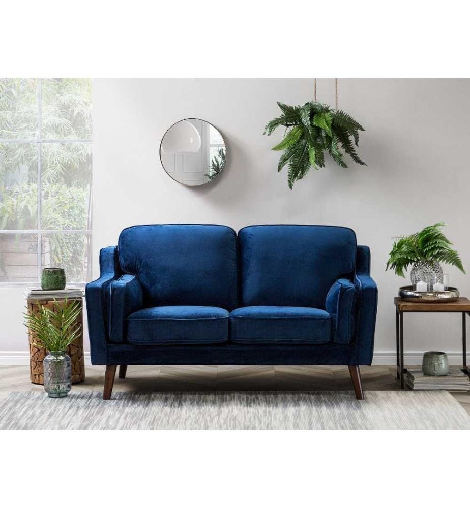 Canapé Fixe 2 Places Revêtement en Velours Haut de Gamme Bleu Foncé et Rembourrage Épais pour Salon au Design Rétro