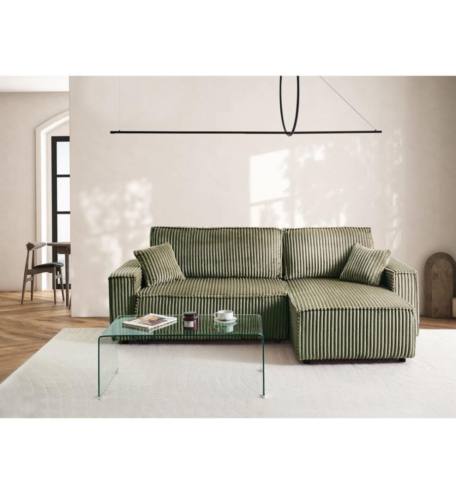Eckschlafsofa 3-Sitzer ABACKA Cord Grün mit Stauraum linksseitig