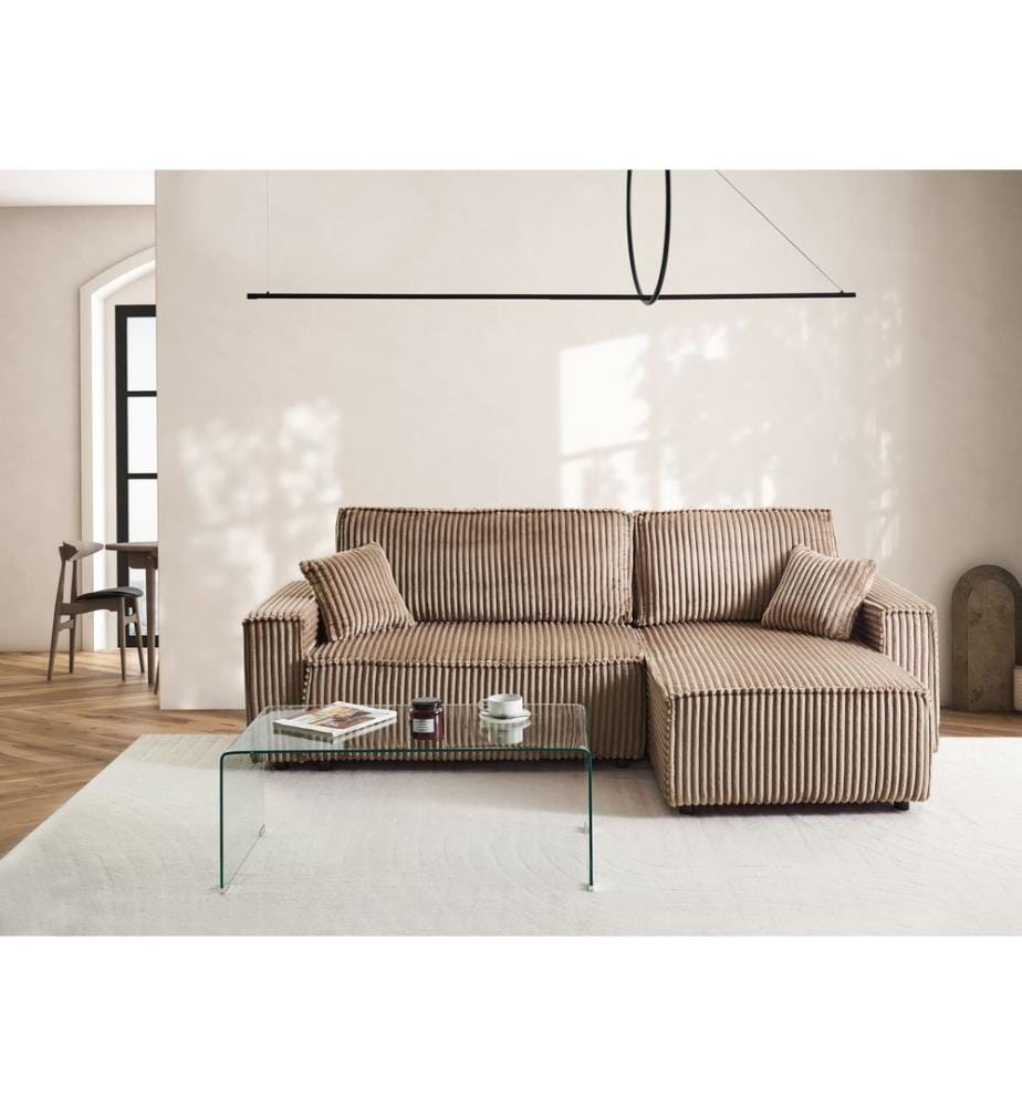 Eckschlafsofa 3-Sitzer ABACKA Cord Hellbraun mit Stauraum linksseitig