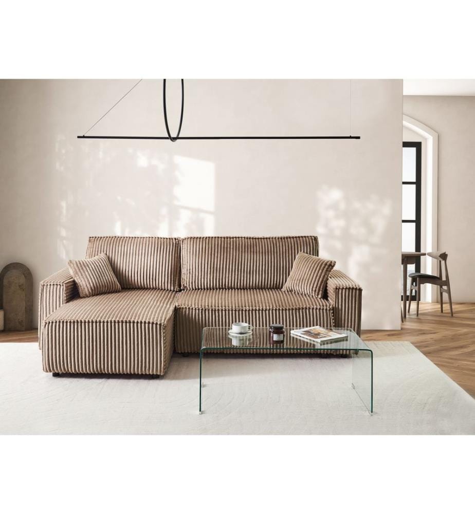 Eckschlafsofa 3-Sitzer ABACKA Cord Hellbraun mit Stauraum rechtsseitig