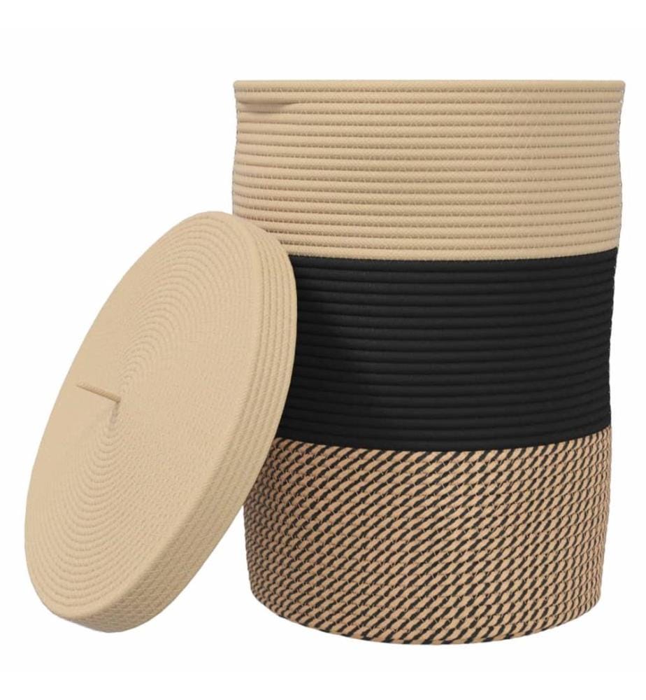 Panier de rangement avec couvercle noir et beige Ø37x50cm coton