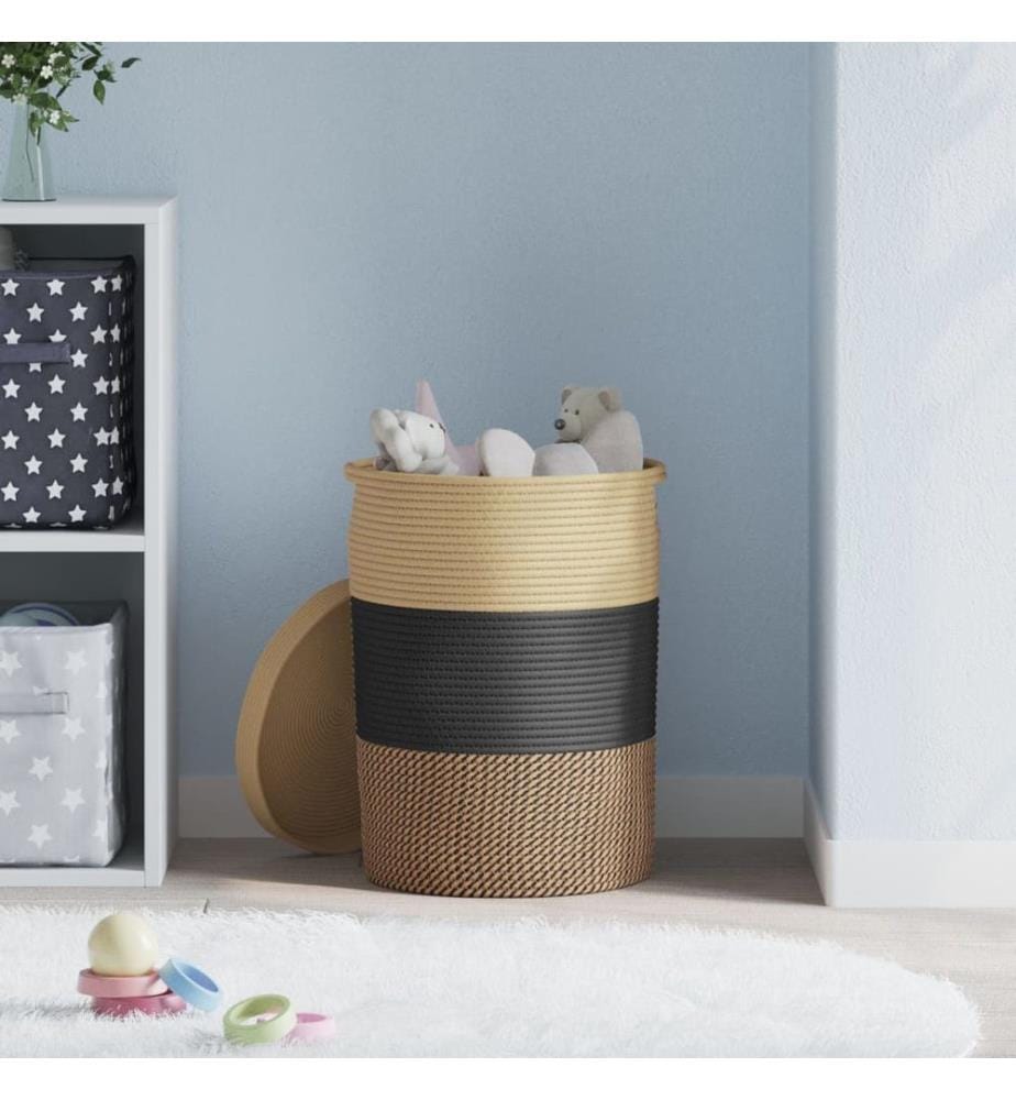 Panier de rangement avec couvercle noir et beige Ø37x50cm coton