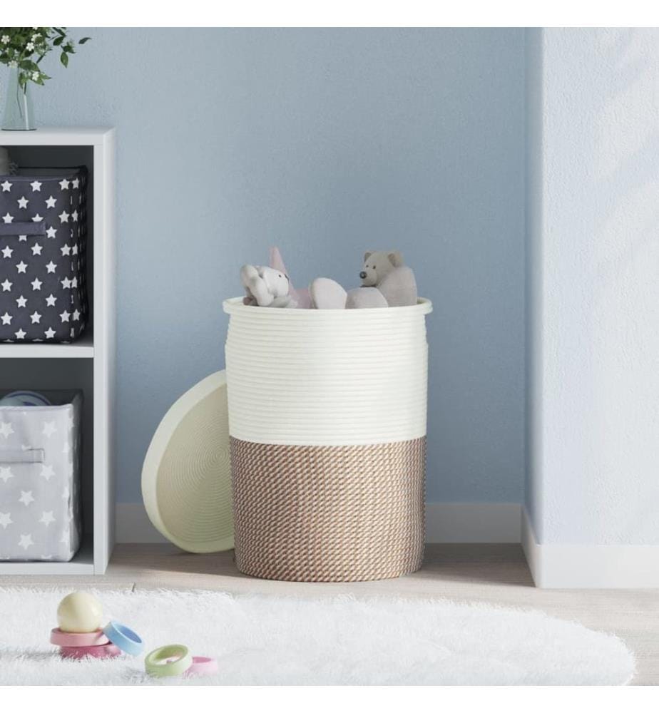Panier de rangement et couvercle marron et blanc Ø37x50cm coton